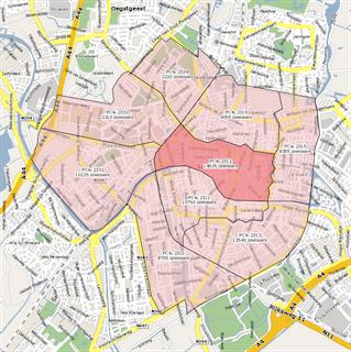 Voorbeeld van een postcoderoos in Leiden. Ook de gebieden die slechts met een hoekje verbonden zijn aan het centrale gebied, behoren tot de postcoderoos